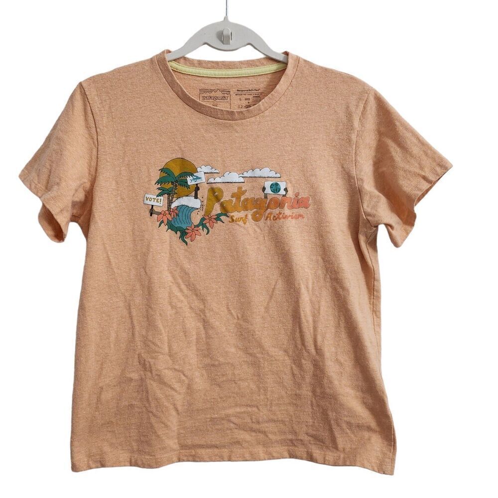 Patagonia Shirt Womens Medium Palm Protest Responsibili-Tee Cowry Peach Tropical